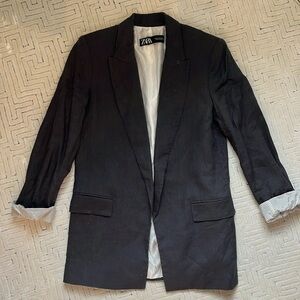 Gray linen blazer with pinstripe lining